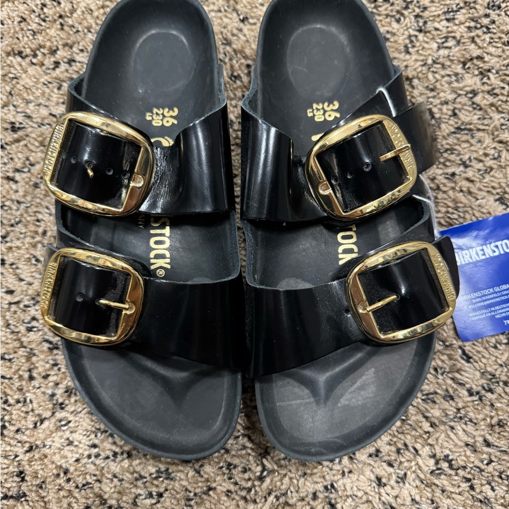 Birkenstock Black and Gold Sandals with Wide Straps